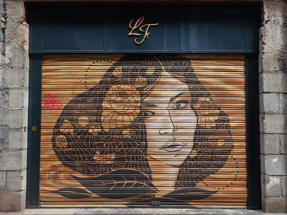 Street art par Motte représentant un visage de femme asiatique sur un portail métallique de magasin
